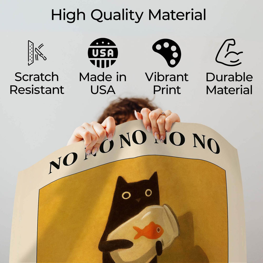Wownic black cat poster quality guide showing scratch-resistant material, Made in USA, vibrant print and durable construction