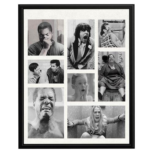 Wownic black and white expression collage poster featuring multiple funny, dramatic and surprised reaction portraits