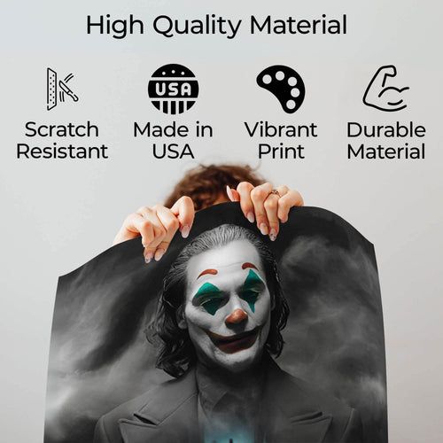 Wownic cinematic clown poster quality guide showing scratch-resistant material, Made in USA, vibrant print and durable construction