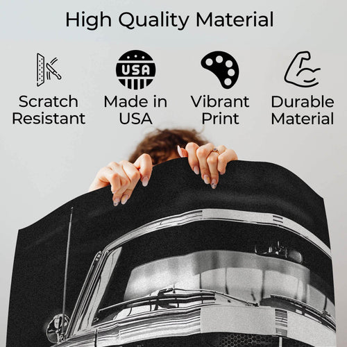 Wownic classic muscle car poster quality guide showing scratch-resistant material, Made in USA, vibrant print and durable construction