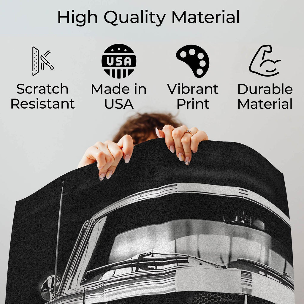 Wownic classic muscle car poster quality guide showing scratch-resistant material, Made in USA, vibrant print and durable construction