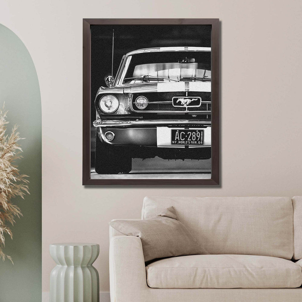 Wownic black-and-white classic muscle car wall art displayed as a framed automotive poster above a modern sofa
