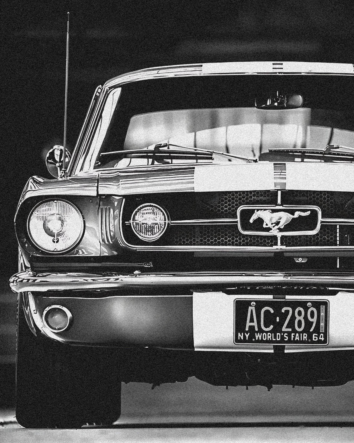 Wownic classic Mustang-inspired muscle car poster featuring a black-and-white front view with pony grille emblem and chrome bumper