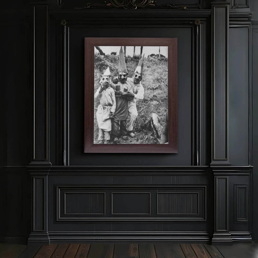 Wownic vintage creepy family photo poster displayed as framed gothic wall art in a dark interior