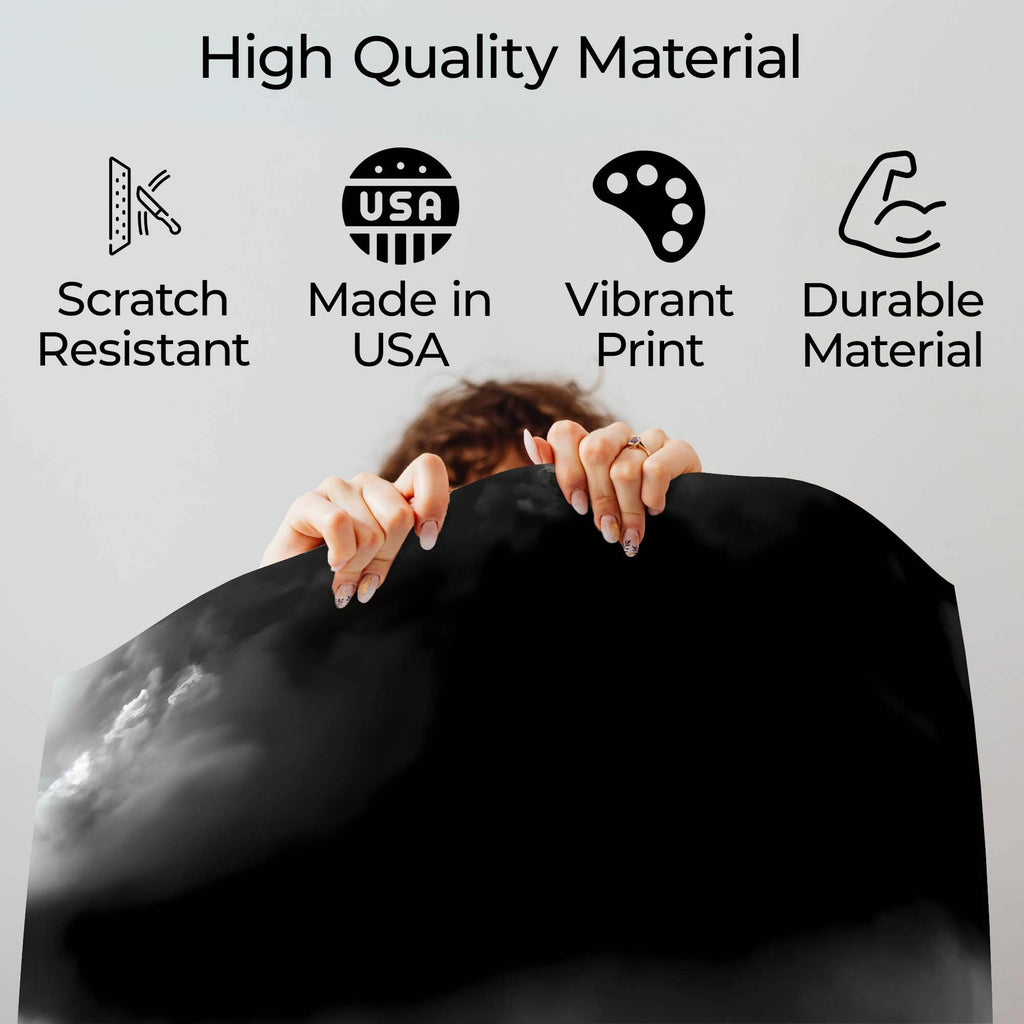 Wownic Cry music poster quality guide showing scratch-resistant material, Made in USA, vibrant print and durable construction