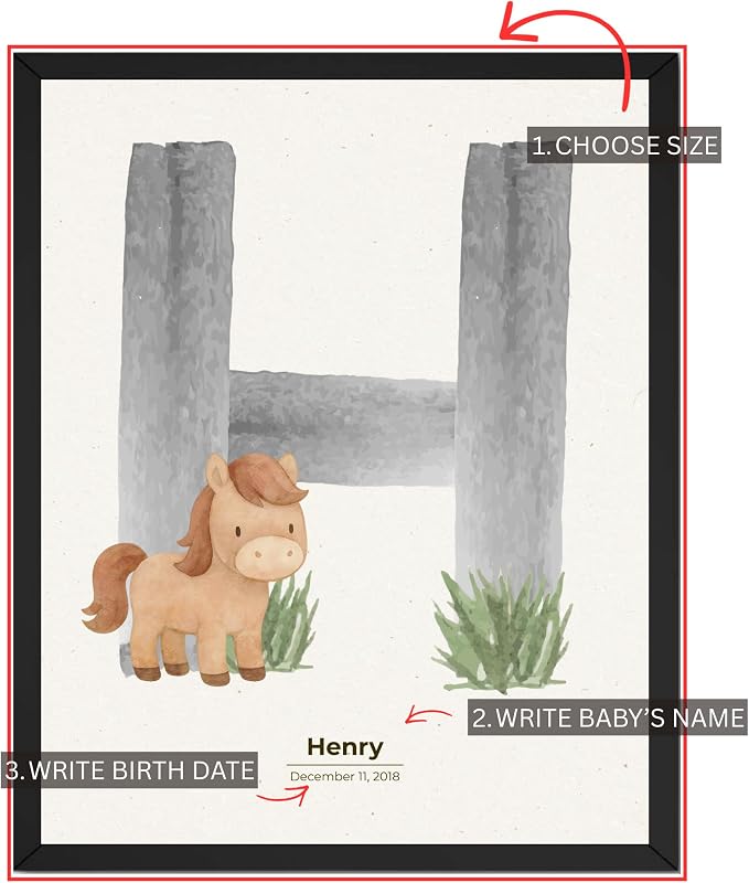 Wownic custom horse nursery poster guide showing choose size, add baby name and birth date