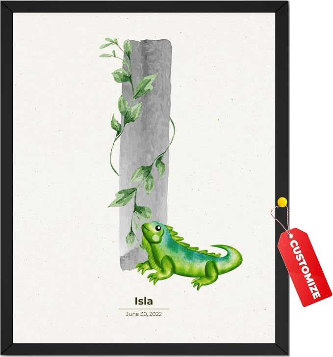 Wownic custom baby name nursery poster with I initial, green iguana and birth date