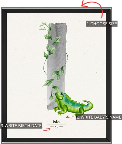 Wownic custom iguana nursery poster guide showing choose size, add baby name and birth date