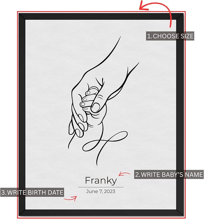 Wownic custom baby line art poster guide showing choose size, add baby name and birth date
