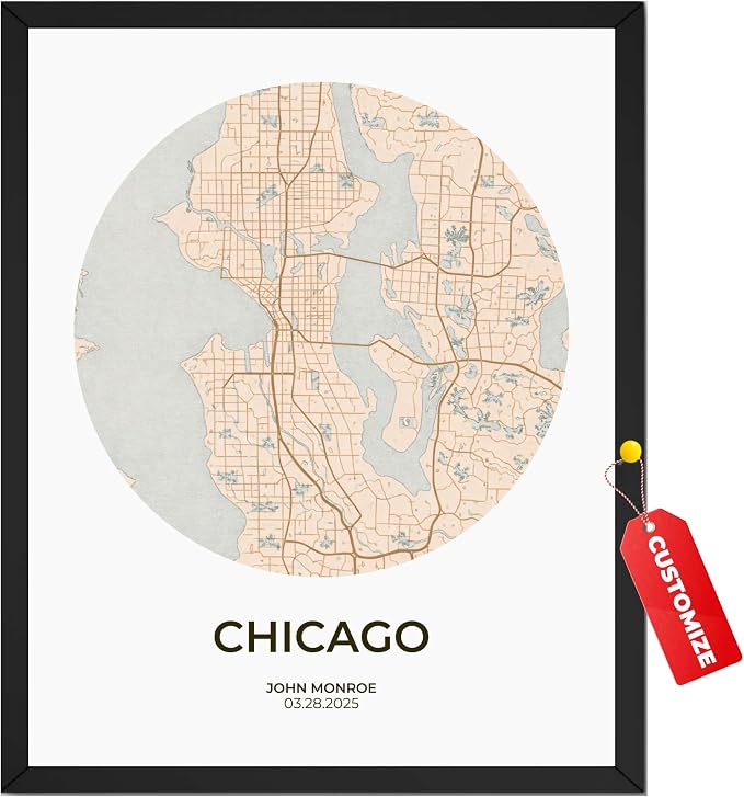 Wownic custom city map poster with Chicago city name, custom name and date