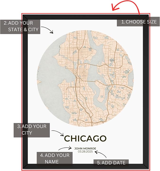 Wownic custom city map poster guide showing choose size, state and city, name and date