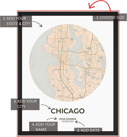 Wownic custom city map poster guide showing choose size, state and city, name and date