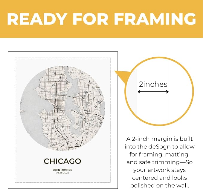 Wownic custom city map poster with approximately 2-inch built-in framing margin