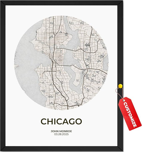 Wownic custom city map poster with Chicago city name, custom name and date