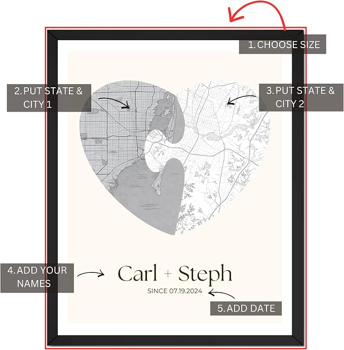Wownic custom couple heart map poster featuring custom names and special date