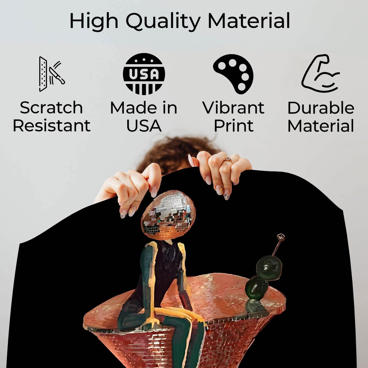 Wownic Disco Martini poster quality guide showing scratch-resistant material, Made in USA, vibrant print and durable construction