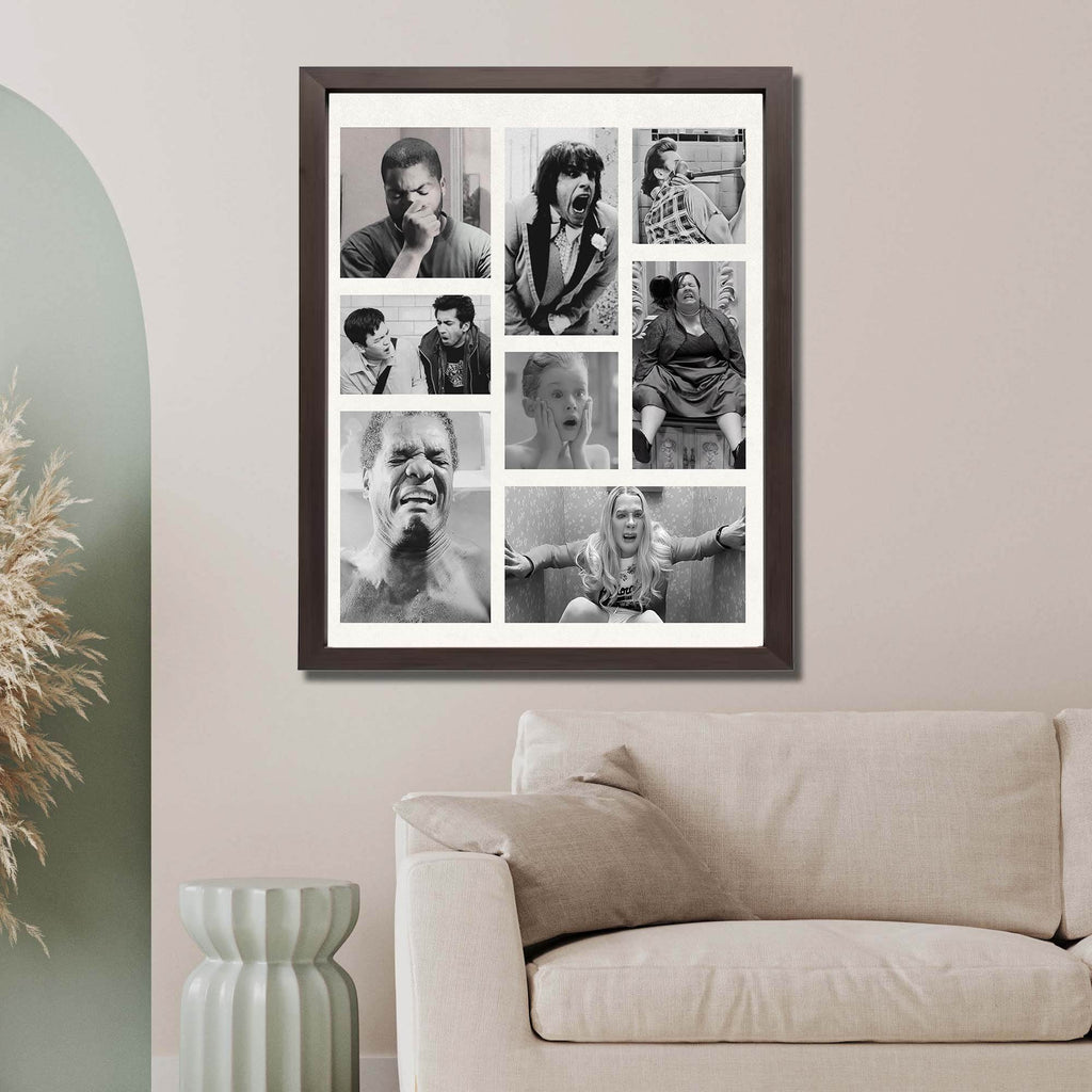 Wownic black and white expression collage wall art displayed as a framed poster above a modern console and sofa