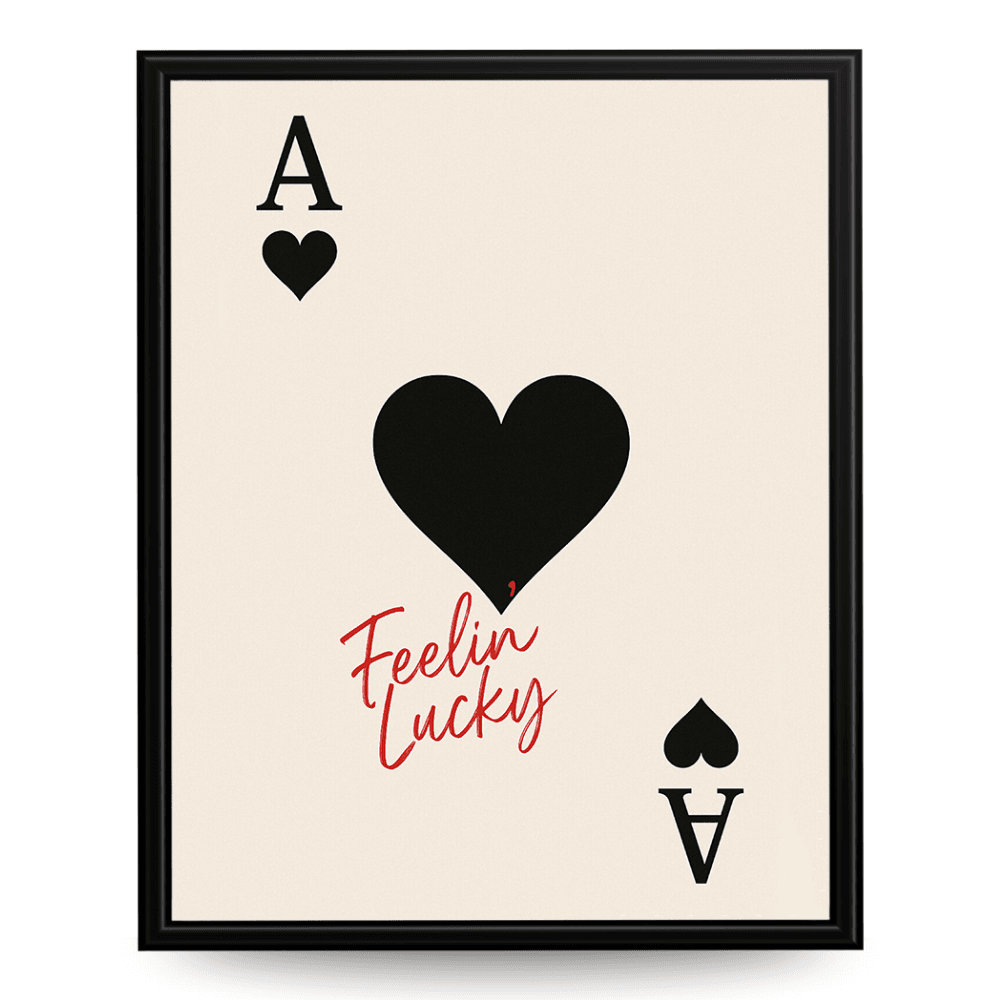 Wownic Feelin Lucky poker poster featuring a large black heart, ace-style playing-card symbols and red handwritten typography