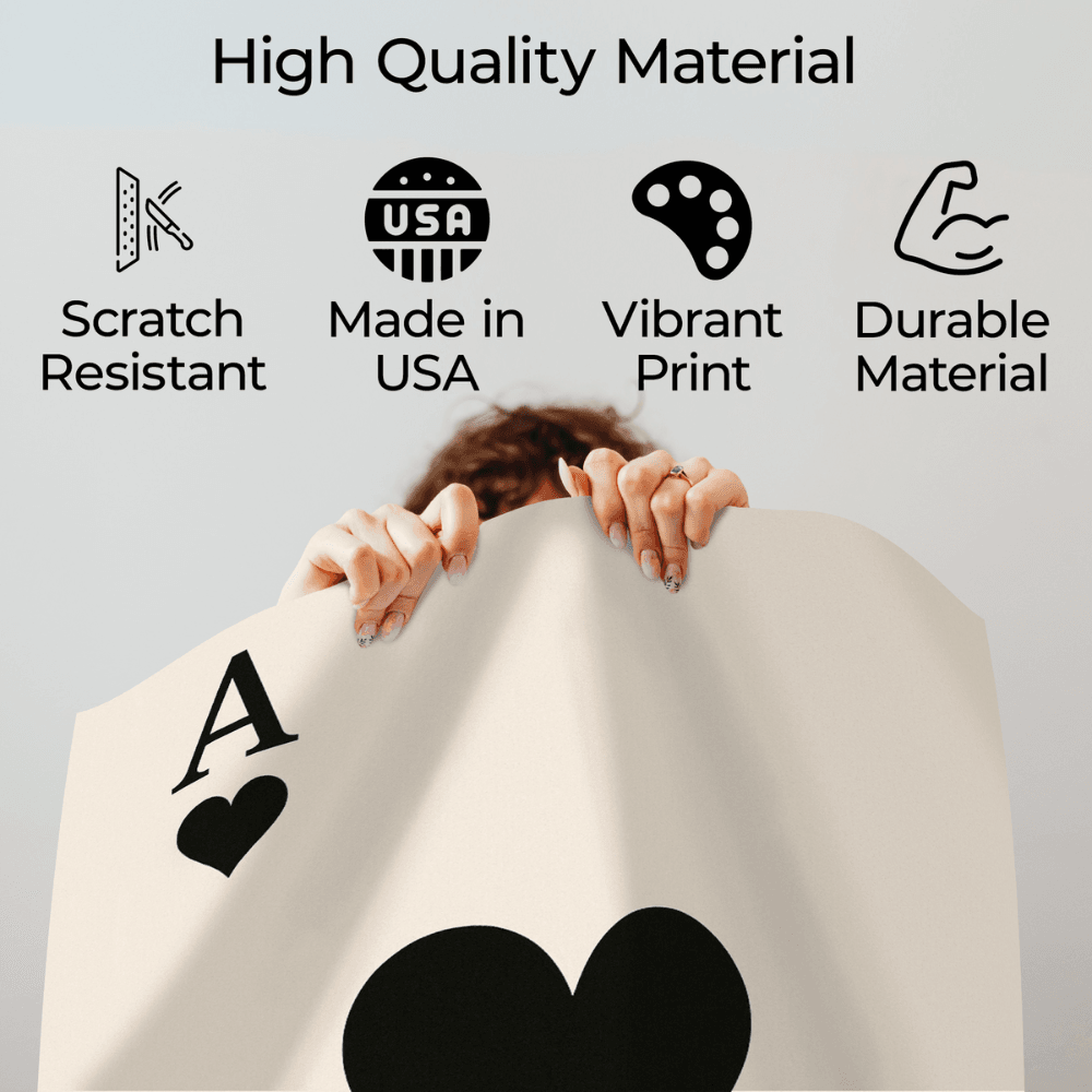 Wownic Feelin Lucky poster quality guide showing scratch-resistant material, Made in USA, vibrant print and durable construction