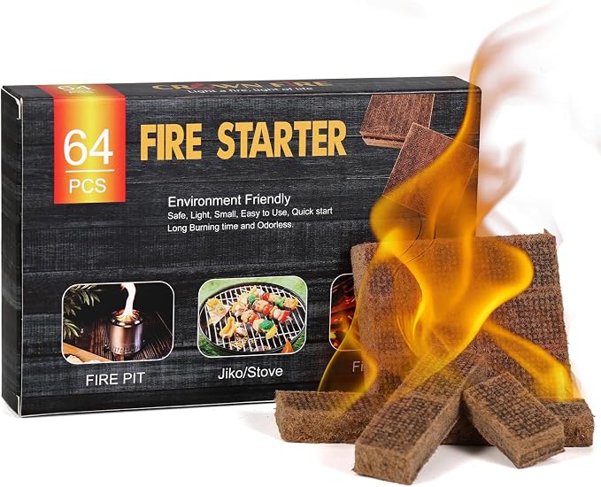 Wownic 64-pack fire starter squares made from pine wood and non-toxic paraffin with individual square dimensions shown