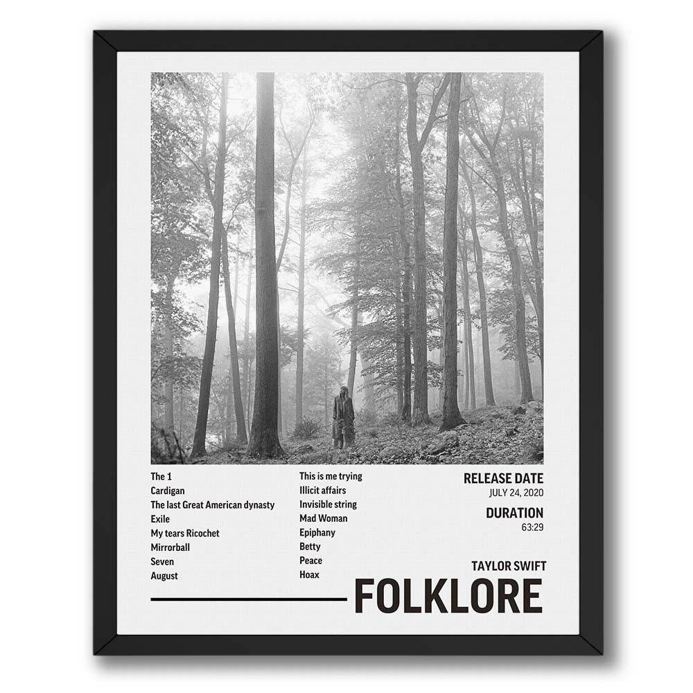 Wownic Folklore music poster featuring grayscale forest artwork, Taylor Swift album title and track-list layout