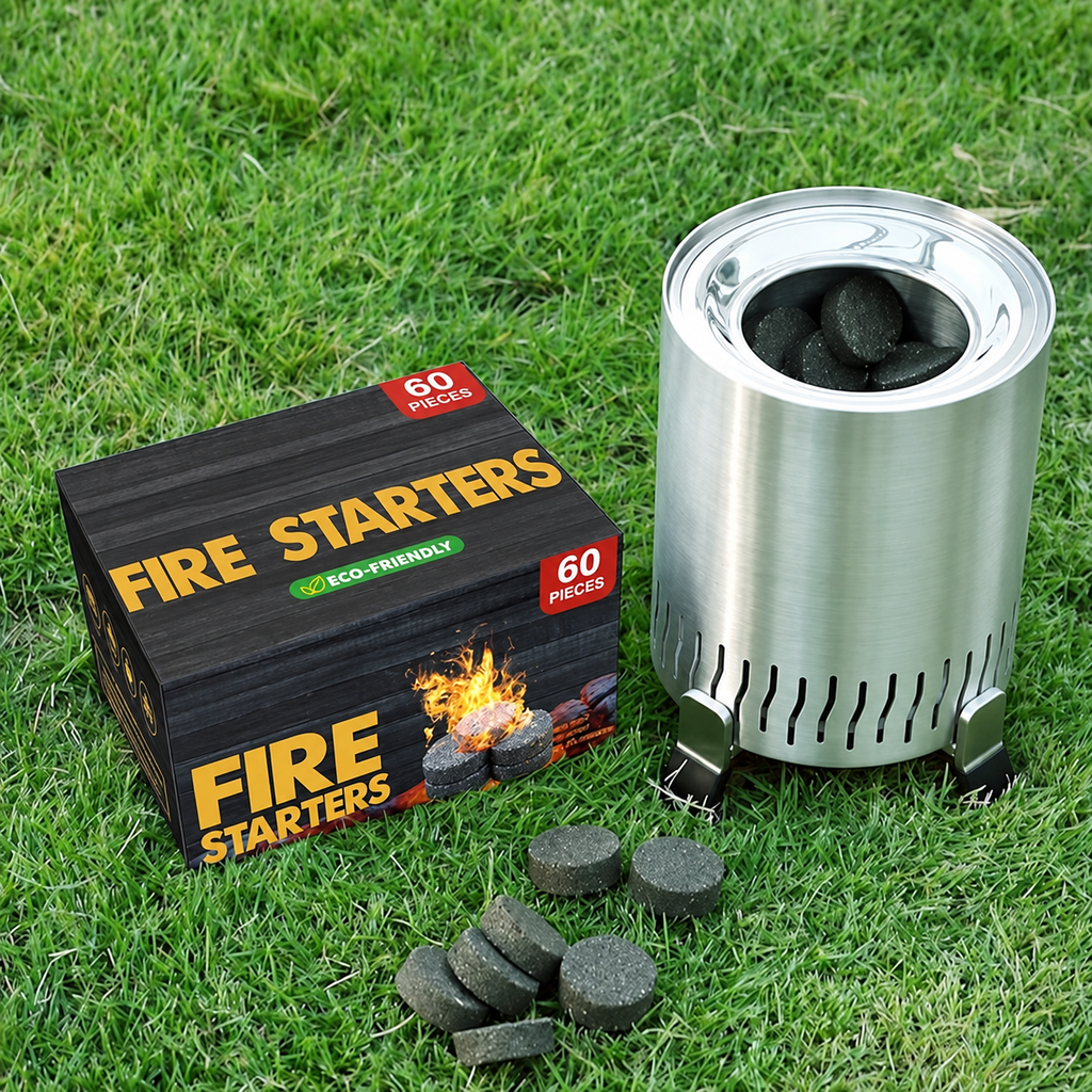 Wownic instant fire starter discs 60 pack shown with an outdoor campfire