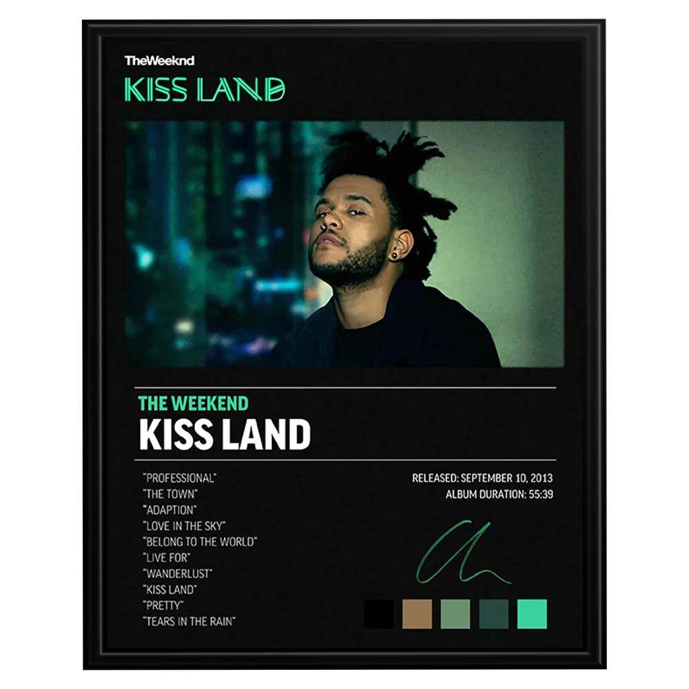 Wownic Kiss Land music poster featuring dark album-inspired portrait artwork, teal typography, track-list details and neon accents