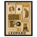 Wownic leopard wall art poster featuring vintage big-cat illustrations, matchbox graphics, playing cards and leopard-print collage details