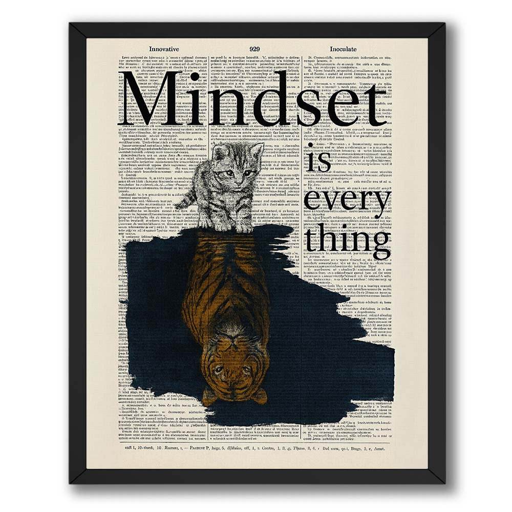 Wownic Mindset Is Everything motivational poster featuring a kitten above a tiger reflection on a vintage dictionary-style background