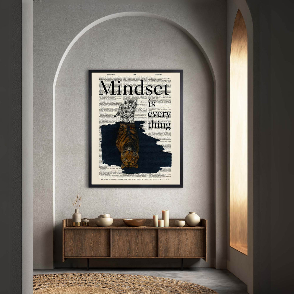Wownic Mindset Is Everything cat and tiger poster displayed as framed motivational wall art above a modern console