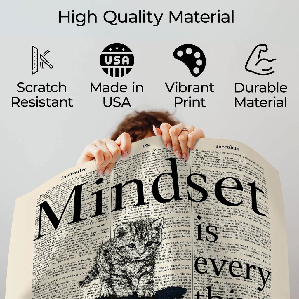 Wownic Mindset motivational poster quality guide showing scratch-resistant material, Made in USA, vibrant print and durable construction