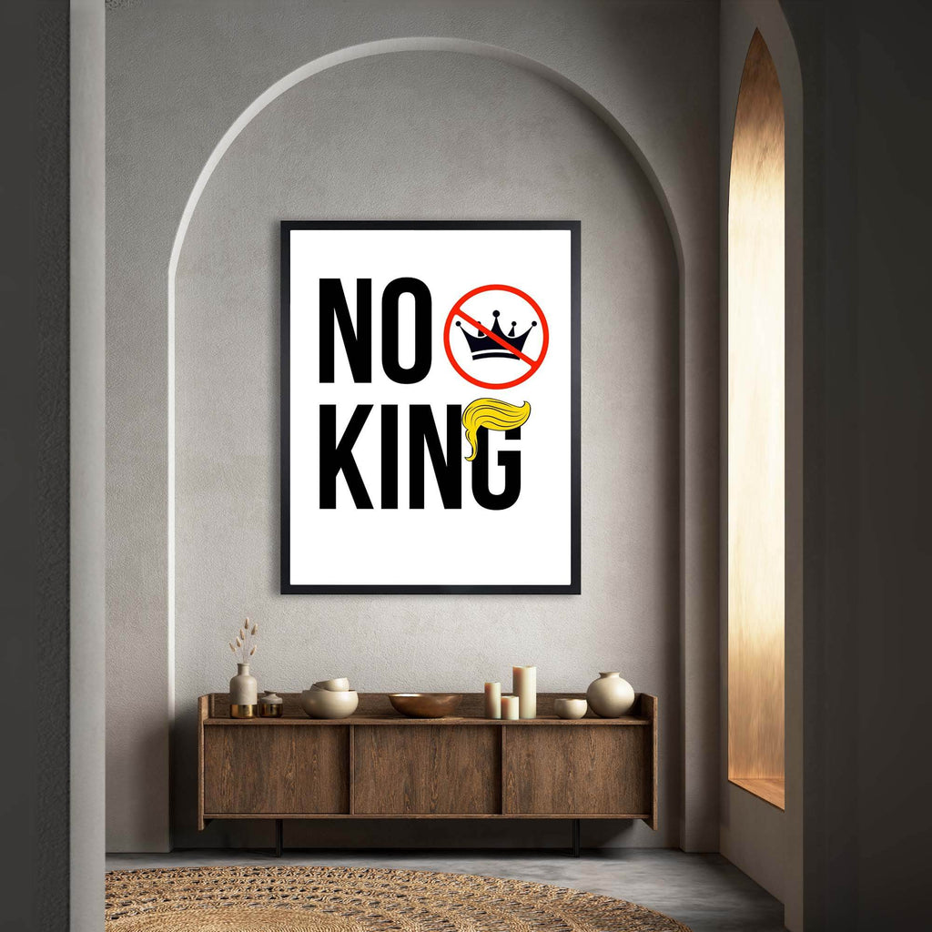 Wownic No King statement poster featuring bold black typography, crossed-out crown symbol and red accent