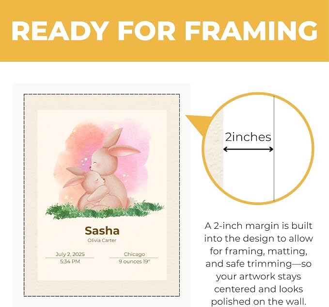 Wownic personalized baby bunny birth details poster with approximately 2-inch framing margin