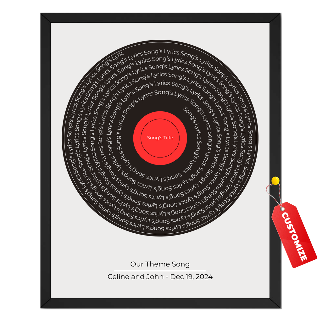 Wownic personalized song lyrics poster featuring a vinyl record design with custom song title, names and date