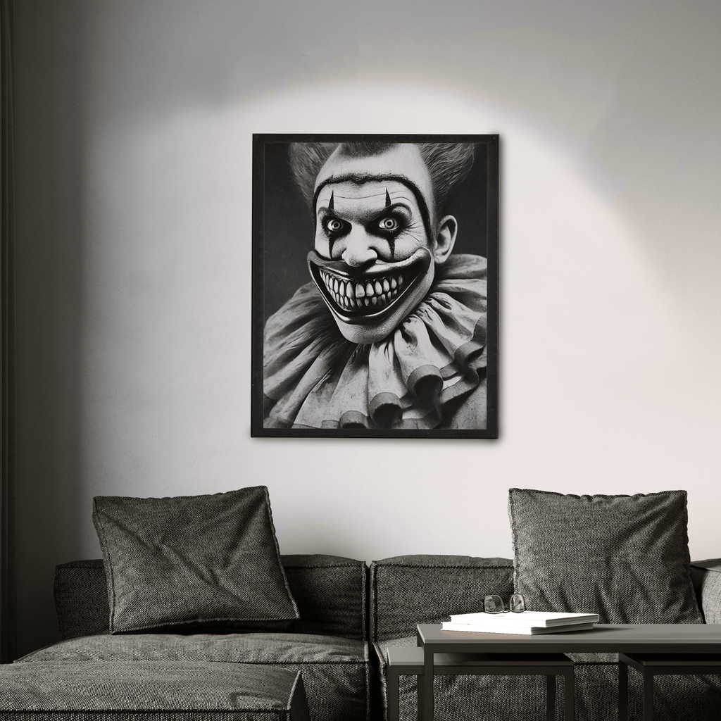 Wownic vintage scary clown poster displayed as framed black-and-white horror wall art above a modern sofa