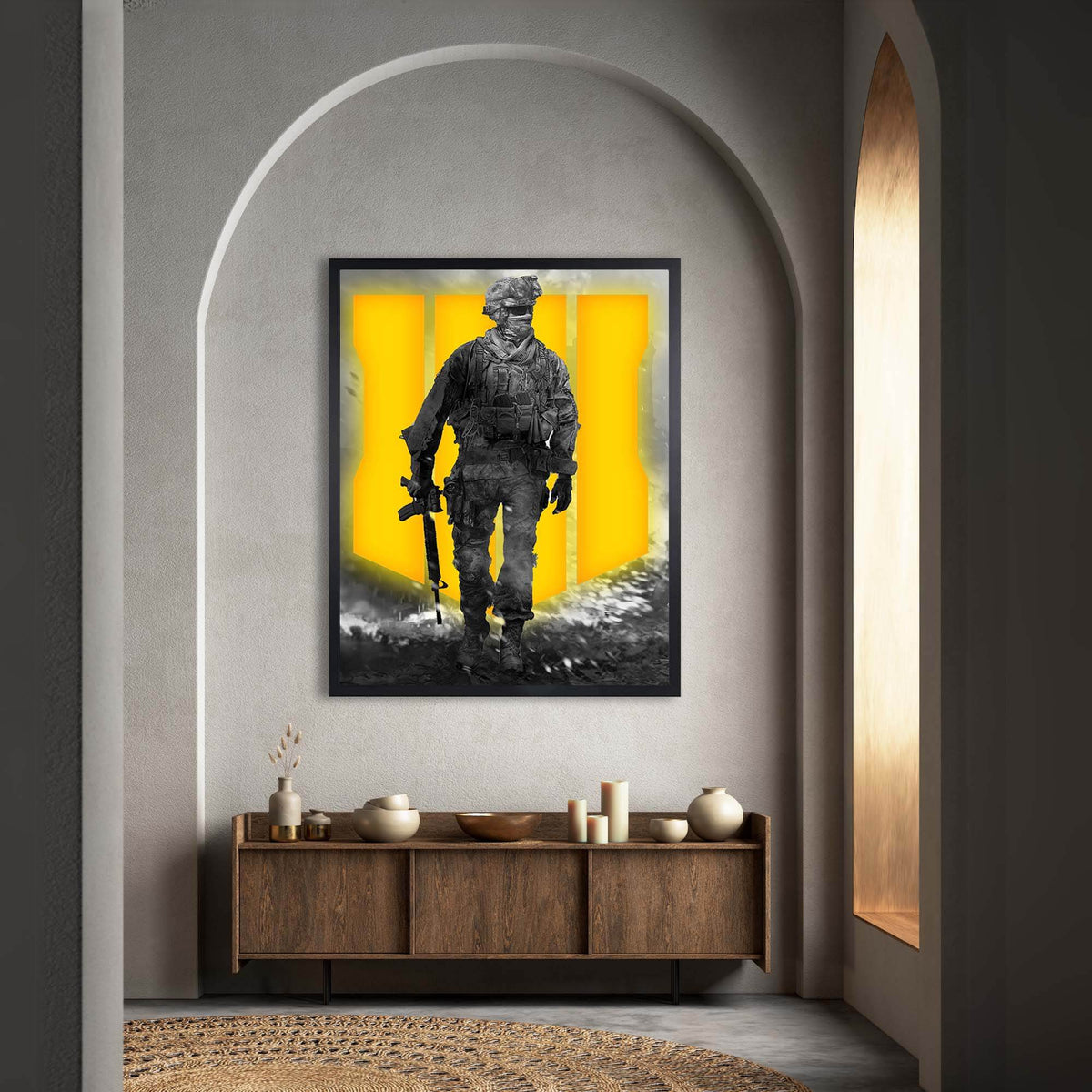 Wownic tactical soldier wall art displayed as framed decor in a modern interior above a wood console