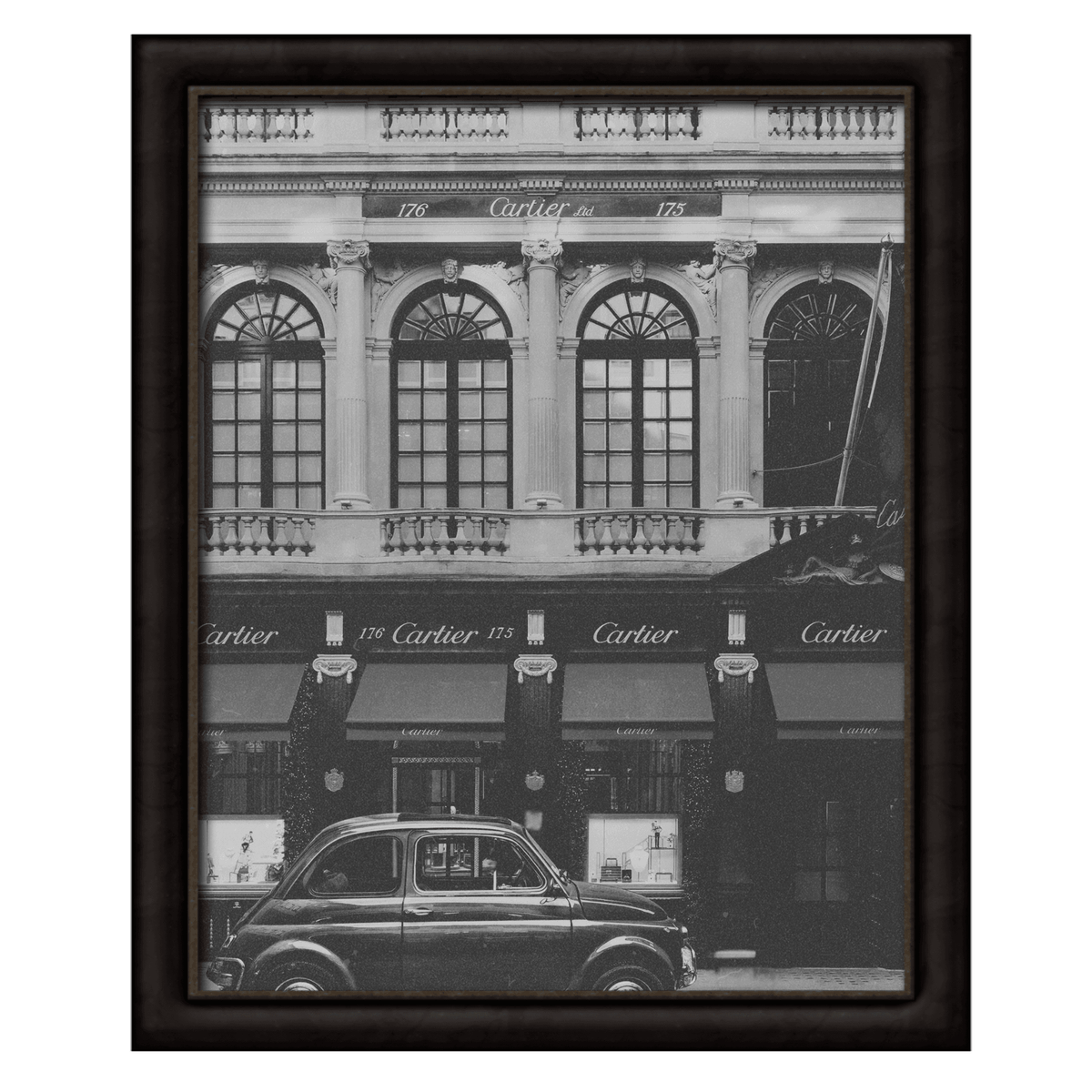 Wownic vintage storefront poster featuring ornate black-and-white architecture, luxury boutique details and a classic car