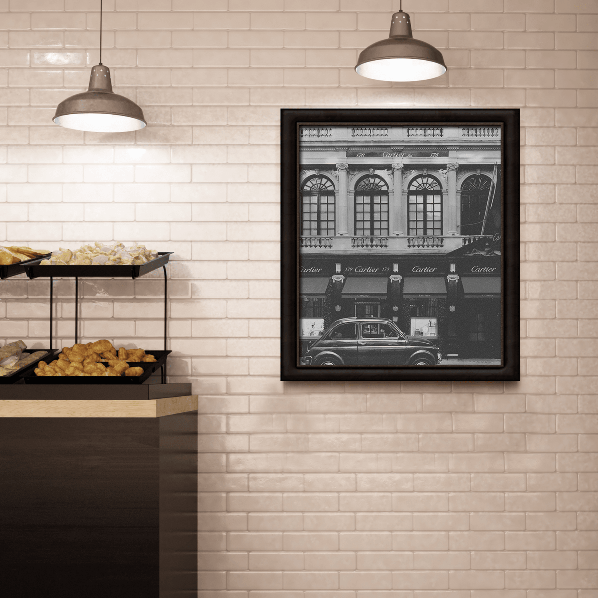 Wownic vintage storefront poster displayed as framed black-and-white wall art in a warm cafe-style interior