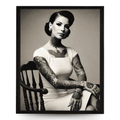 Wownic vintage tattooed woman poster featuring an elegant black-and-white portrait with detailed tattoo artwork